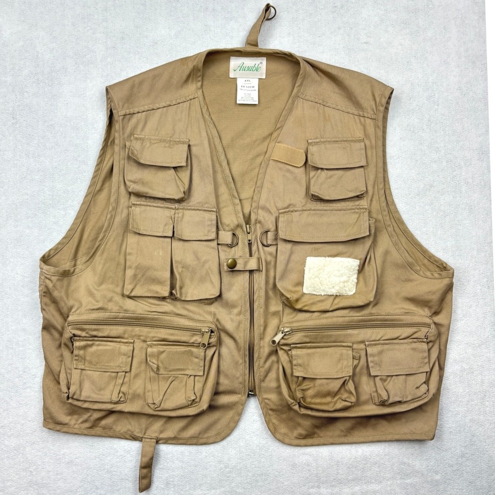 Ausable Multi Pocket Fishing Vest Mens XXL Khaki Cotton Twill‎ Utility Fly Patch